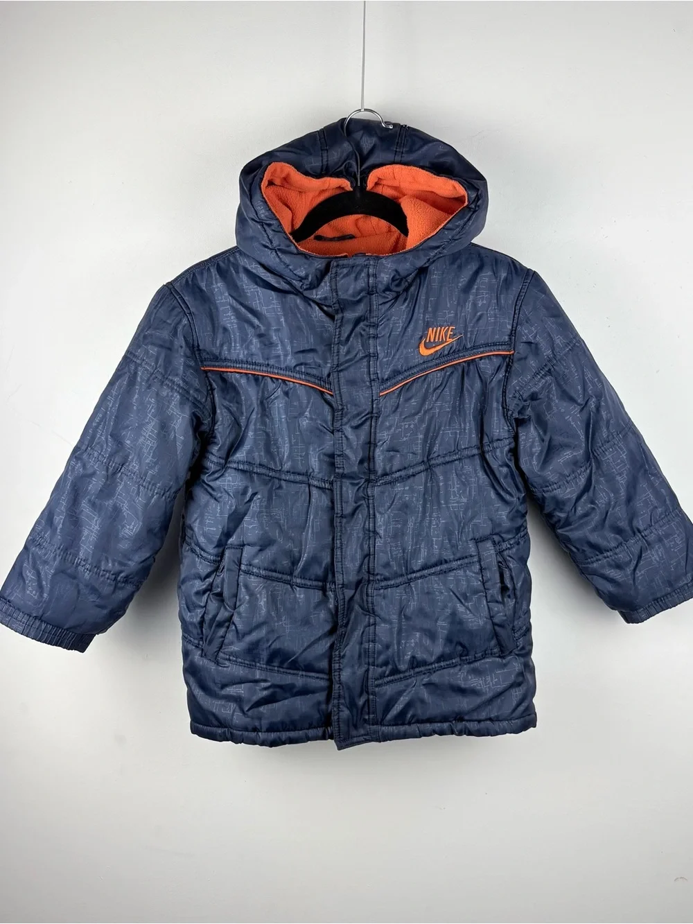 Nike Boys' Hooded Navy Puffer Winter Jacket Orange Fleece Lined Size 7 Warm Coat